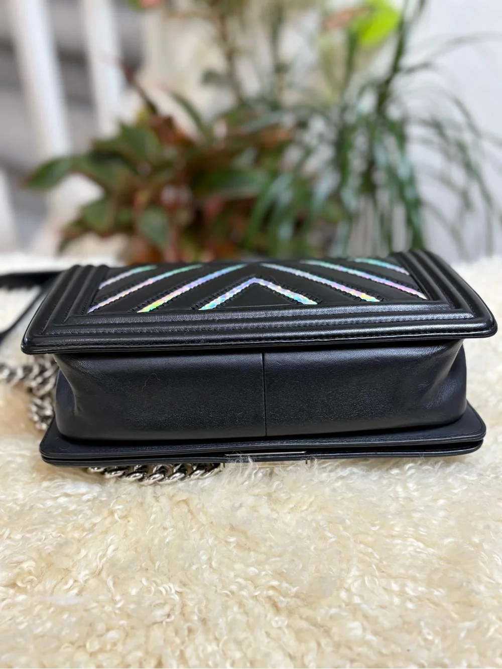 CHANEL Lambskin Iridescent PVC Chevron Quilted Medium Boy Flap Black Silver
